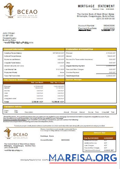 Realistic Burkina Faso The Central Bank of West African States bank mortgage statement scr sample